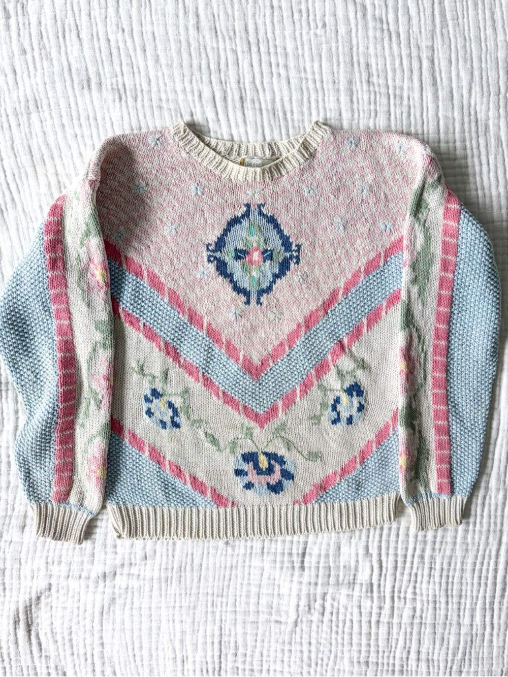 Vintage Eagle’s Eye Knit Sweater 90s Floral Cottagecore Grandma Size M